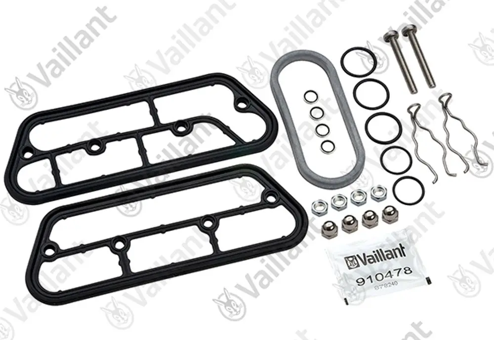 Zubehörteilset mit Dichtungen, O-Ringen, Schrauben und Clips für Vaillant Produkte. Enthält zwei Gummidichtungen und verschiedene Montagekomponenten.